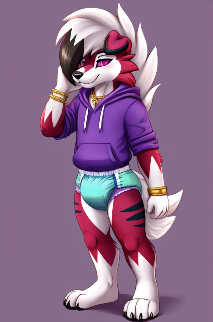 A dark purple Midnight femboy lycanroc wearing a blue and purple hoodie and diaper and white socks with black stripes and a gold necklace on his neck and with bracelets on his arms