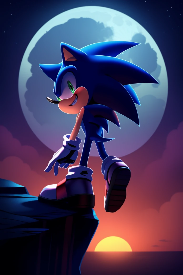 Sonic the Hedgehog, one man, blue all over, red ring in his right hand, red full moon, looking back, on cliff, smiling a little, little blood on his hand, "Wanna play with me?" He says.