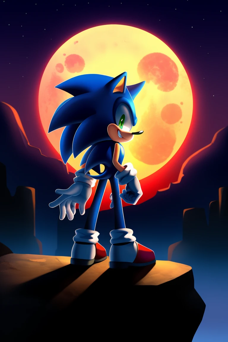 Sonic the Hedgehog, one man, blue all over, red ring in his right hand, red full moon, looking back, on cliff, smiling a little, little blood on his hand, "Wanna play with me?" He says.