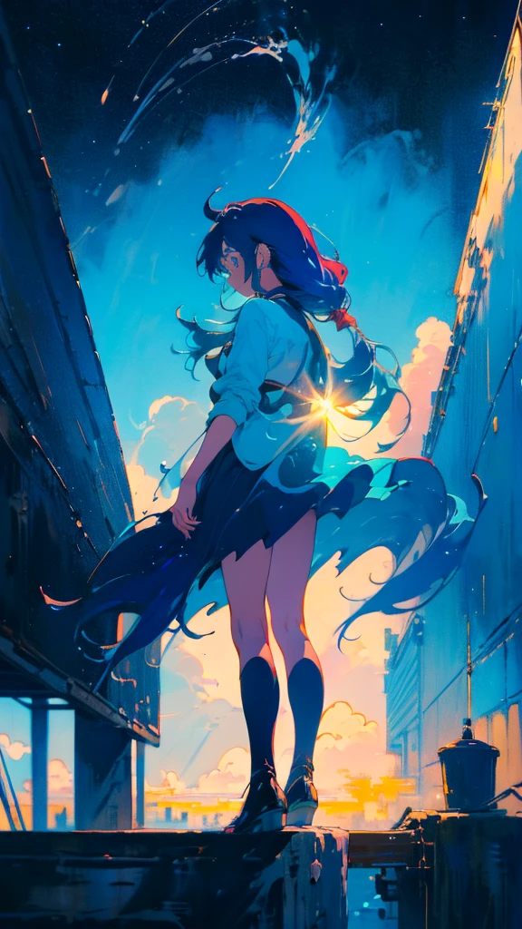 Blue-haired long hair，Design clothing，Seven-doppelganger shot，Anime style 4K，Anime girl with teal hair，High quality anime art style，Standing painting，Splash ink background，Blue Themes、Pure white background,Buildings,Face close-up,Buildings,Moon and sun、Long legs, whale flying in the sky