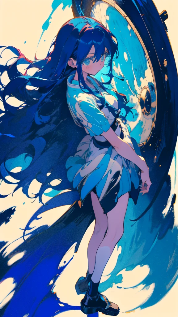 Blue-haired long hair,Design clothing,Seven-doppelganger shot,Anime style 4K,Anime girl with teal hair,High quality anime art style,Standing painting,Splash ink background,Blue Themes、Pure white background,Buildings,Face close-up,Buildings,Moon and sun、Long legs, whale flying in the sky