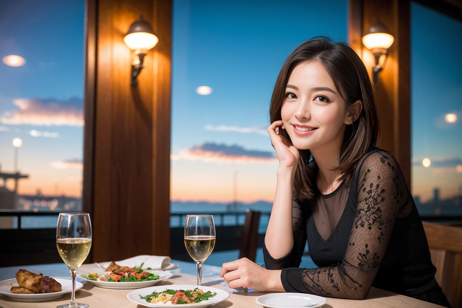 ((Highest quality、8K、masterpiece:1.3))、slimカップル、modelカップル、(Realistic, Intricate details:1.2), full-course dinner、Wine Party、Amazing view of the sunset sky and clouds、A bright smile、The wonderfulness of smile、Bright image、The beauty of wine, Beautiful Face, blue eyes, The light shines on your face, Blushing, short hair,Bright Face、 (Age 37), 39 years old, red wine 、Appetizers、Italian food、Wine bottle、Champagne、sparkling wine、Two beauties、Brown Hair、Shortcuts、Long sleeve shirt、dress、Beautiful woman 1, (slimな顔), (The body is slim), (Brown Hair), (Shortcuts), cheeks turn a little red,Attractive beauty、restaurant, In a prominent place (From the waist up) Nova Frog Style, actress, model, Upper Body, White wine, slim, wine glass, 中央に置かれたwine glass, smile, (smile: 1.15), Beautiful fine grain, Depth f/2,saturation, High Contrast, Strong light and shadow,Moist Body:1.5、3D texture、Delicate eyes、Brown Hair、The hair is very shiny、