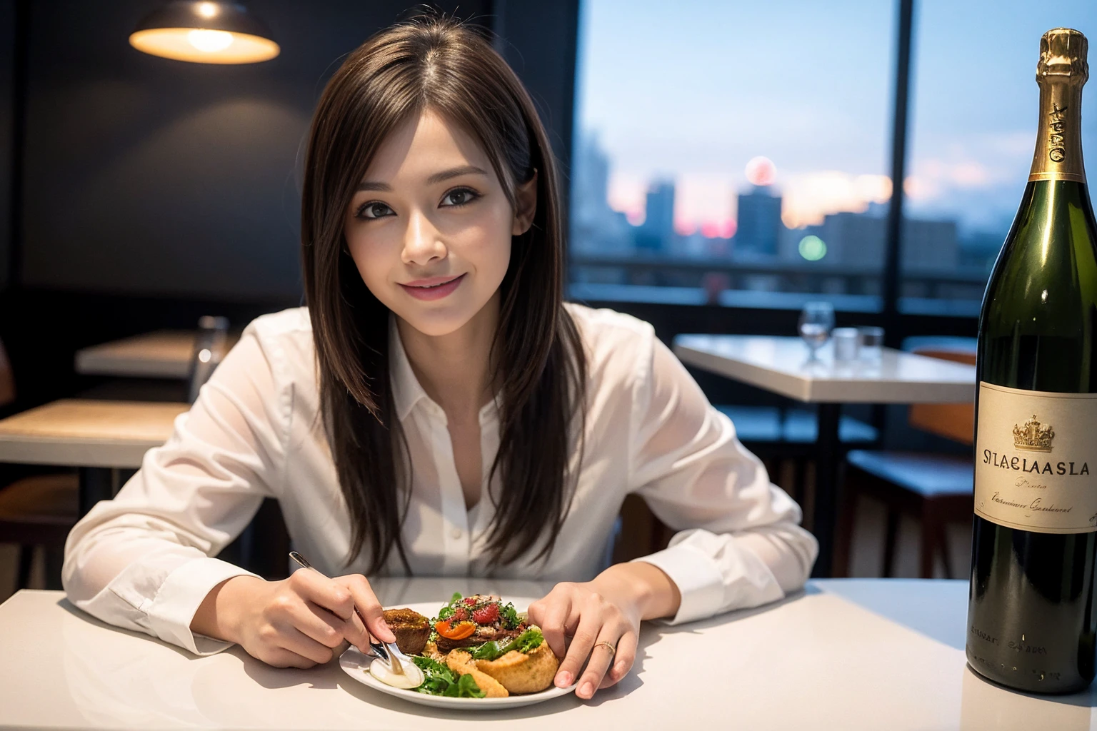 ((Highest quality、8K、masterpiece:1.3))、slimカップル、modelカップル、(Realistic, Intricate details:1.2), full-course dinner、Wine Party、Amazing view of the sunset sky and clouds、A bright smile、The wonderfulness of smile、Bright image、The beauty of wine, Beautiful Face, blue eyes, The light shines on your face, Blushing, short hair,Bright Face、 (Age 37), 39 years old, red wine 、Appetizers、Italian food、Wine bottle、Champagne、sparkling wine、Two beauties、Brown Hair、Shortcuts、Long sleeve shirt、dress、Beautiful woman 1, (slimな顔), (The body is slim), (Brown Hair), (Shortcuts), cheeks turn a little red,Attractive beauty、restaurant, In a prominent place (From the waist up) Nova Frog Style, actress, model, Upper Body, White wine, slim, wine glass, 中央に置かれたwine glass, smile, (smile: 1.15), Beautiful fine grain, Depth f/2,saturation, High Contrast, Strong light and shadow,Moist Body:1.5、3D texture、Delicate eyes、Brown Hair、The hair is very shiny、
