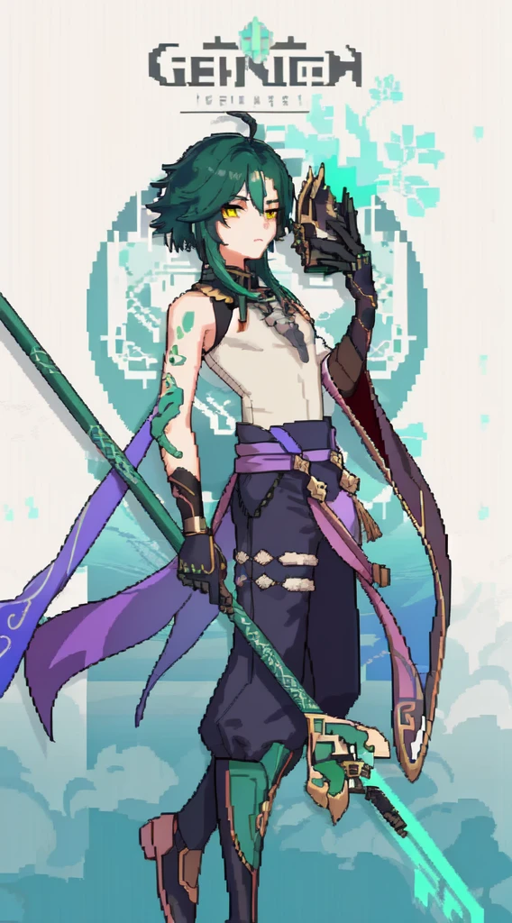 xiao (genshin impact), Top works，highest  quality，pix，pixelart，1boy,dark green hair,best quality,masterpiece,extremley,yellow eyes,male focus,beautiful eyes, holding a mask