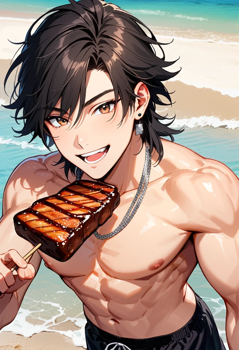 A young man, 22-years-old, solo, Caucasian, masculine face, muscular physique, shaggy tousled black hair, brown eyes, cheerful smile, mouth open, no shirt, shirtless, black swimming trunks, thin silver necklace, small silver earrings, beach, holding a skewer with grilled meat on it