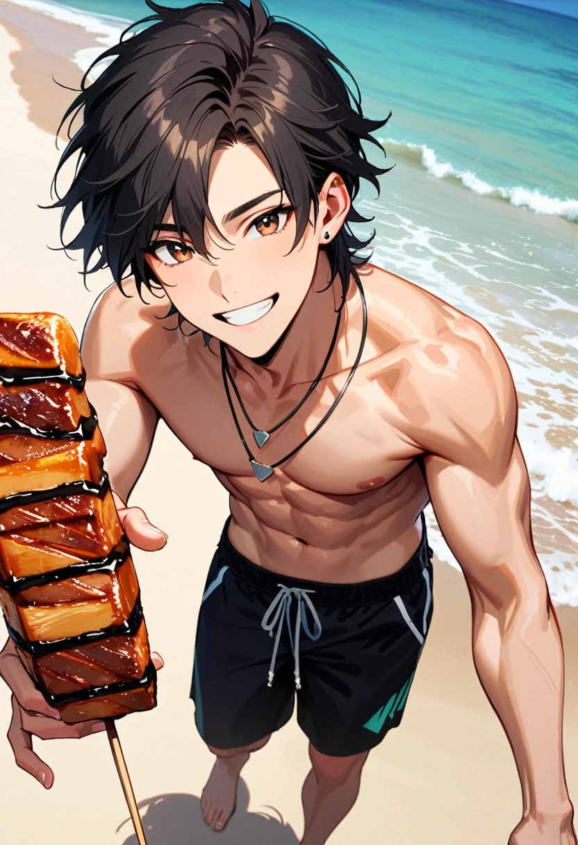 A young man, 22-years-old, solo, Caucasian, masculine face, muscular physique, shaggy tousled black hair, brown eyes, cheerful smile, mouth open, no shirt, shirtless, black swimming trunks, thin silver necklace, small silver earrings, beach, holding a skewer with grilled meat on it