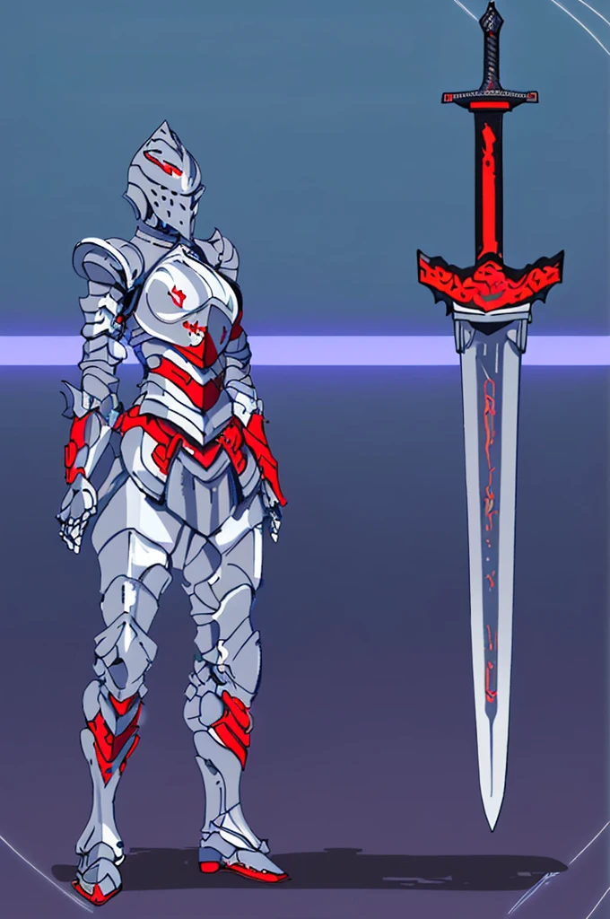 (masterpiece), best quality, 1Girl, standing, master piece, full body character concept, full body character design, full body concept art, Knight, face hidden by Armor helmet, Gray armor, Red Pattern, swordman, detailed armor, knight, holding big sword, Red symbol, full Gray armor body, Detailed helmet knight, full armor, big boob