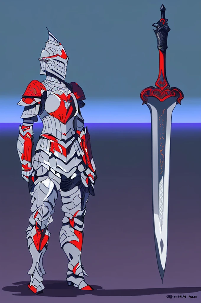 (masterpiece), best quality, 1Girl, standing, master piece, full body character concept, full body character design, full body concept art, Knight, face hidden by Armor helmet, Gray armor, Red Pattern, swordman, detailed armor, knight, holding big sword, Red symbol, full Gray armor body, Detailed helmet knight, full armor, big boob