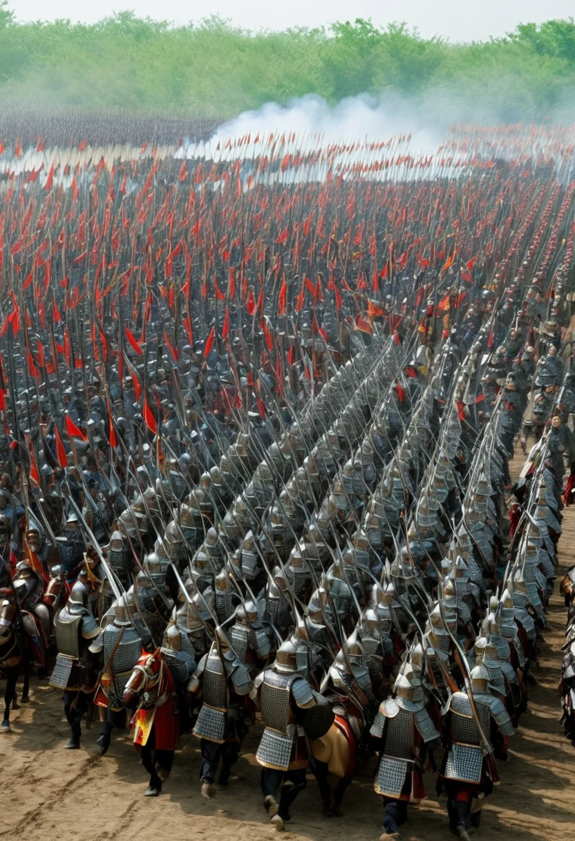 A reenactment of a battlefield with Cao Cao in his armor, leading his troops into battle.