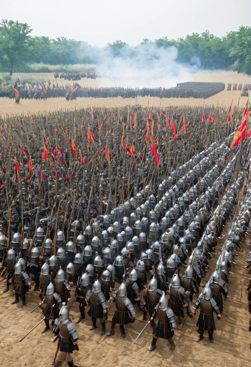 A reenactment of a battlefield with Cao Cao in his armor, leading his troops into battle.