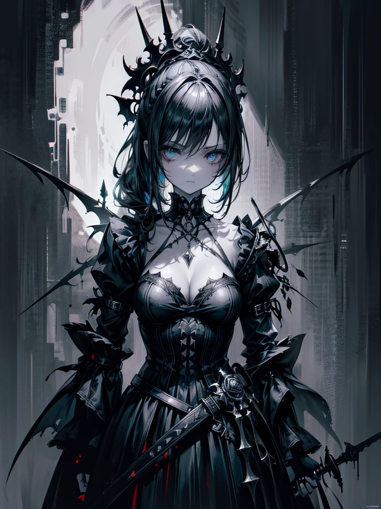 (a girl with) Aura-like gothic lighting, realistic Gothic-style artwork, detailed skeleton impaling itself with a sword in the neck, dark atmospheric background, high-res masterpiece:1.2, ultra-fine painting, professional, vivid colors