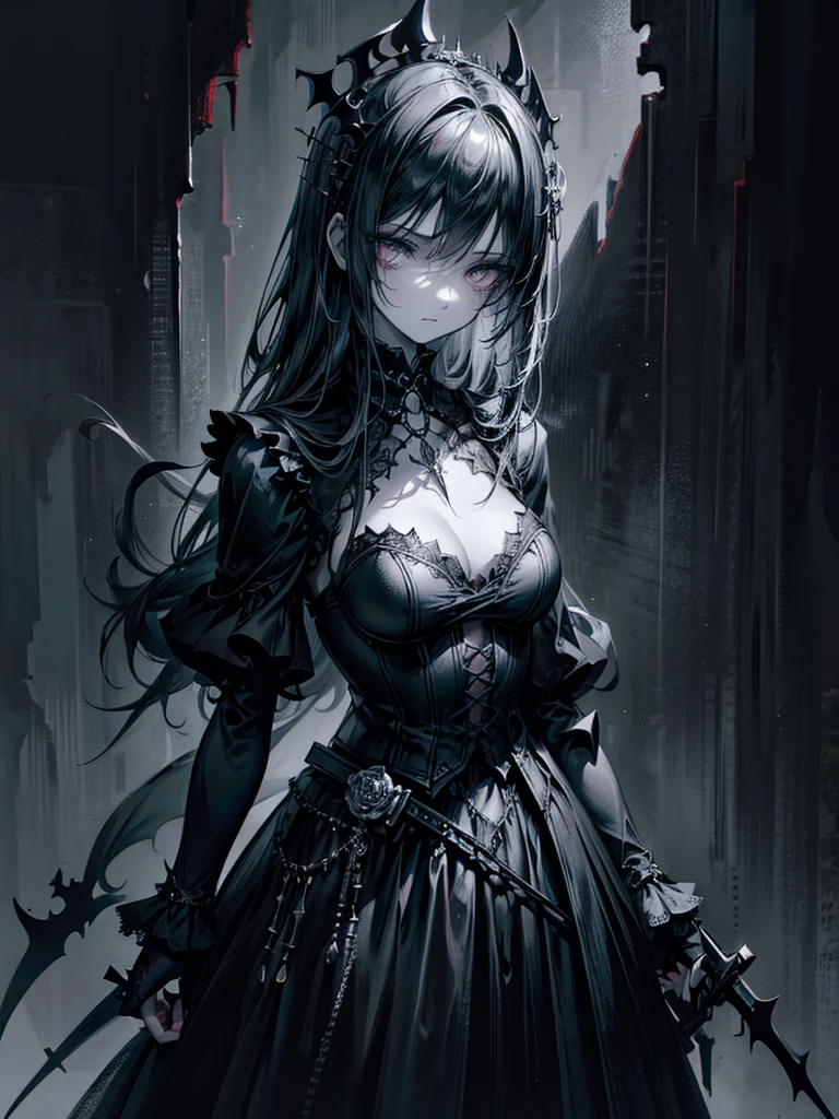 (a girl with) Aura-like gothic lighting, realistic Gothic-style artwork, detailed skeleton impaling itself with a sword in the neck, dark atmospheric background, high-res masterpiece:1.2, ultra-fine painting, professional, vivid colors