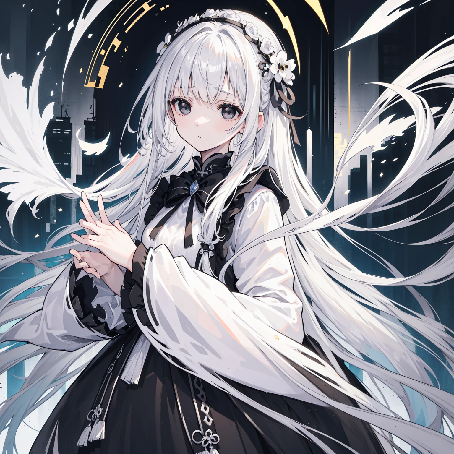 (Top image quality)、(Very detailed)、(Facing forward)、Top quality、masterpiece、(((1 girl )))、Silver Hair、White hair、((Long hair))、Weaving、(black eyes:1.6)、(White and black cheongsam)、Hooded dress、Lots of decorations、Lots of ribbons、White Ribbon、She looked grim.、Fluffy loose hair、Hanfu