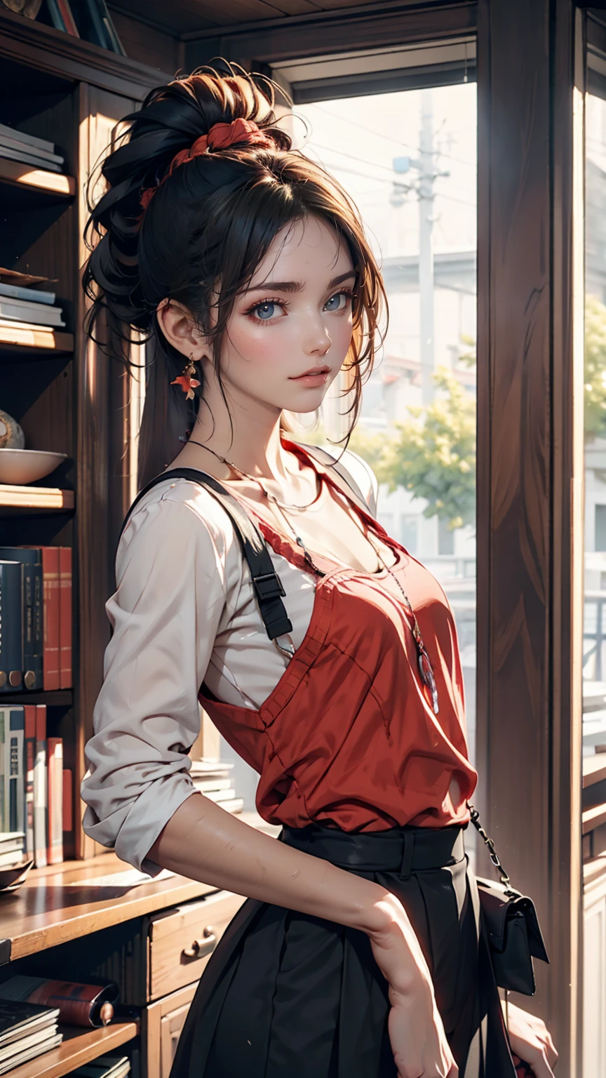 Girl's sloppy appearance, dark hair in a ponytail, mixed race, fire, Black T-shirt, inflammation, elegant, Digital Painting, Concept Art, Sharp focus, figure