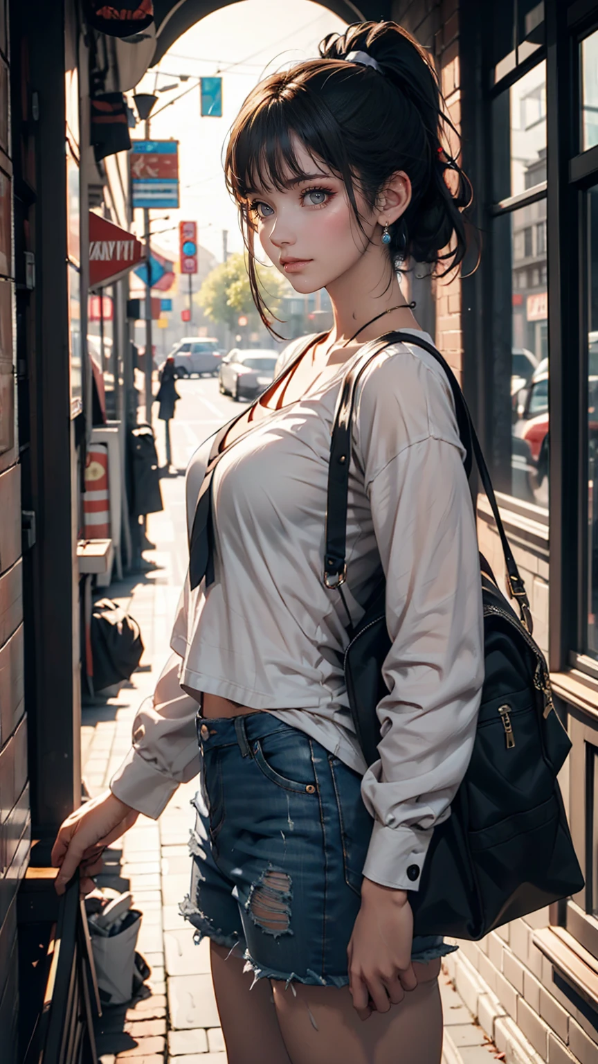 Girl's sloppy appearance, dark hair in a ponytail, mixed race, fire, Black T-shirt, inflammation, elegant, Digital Painting, Concept Art, Sharp focus, figure
