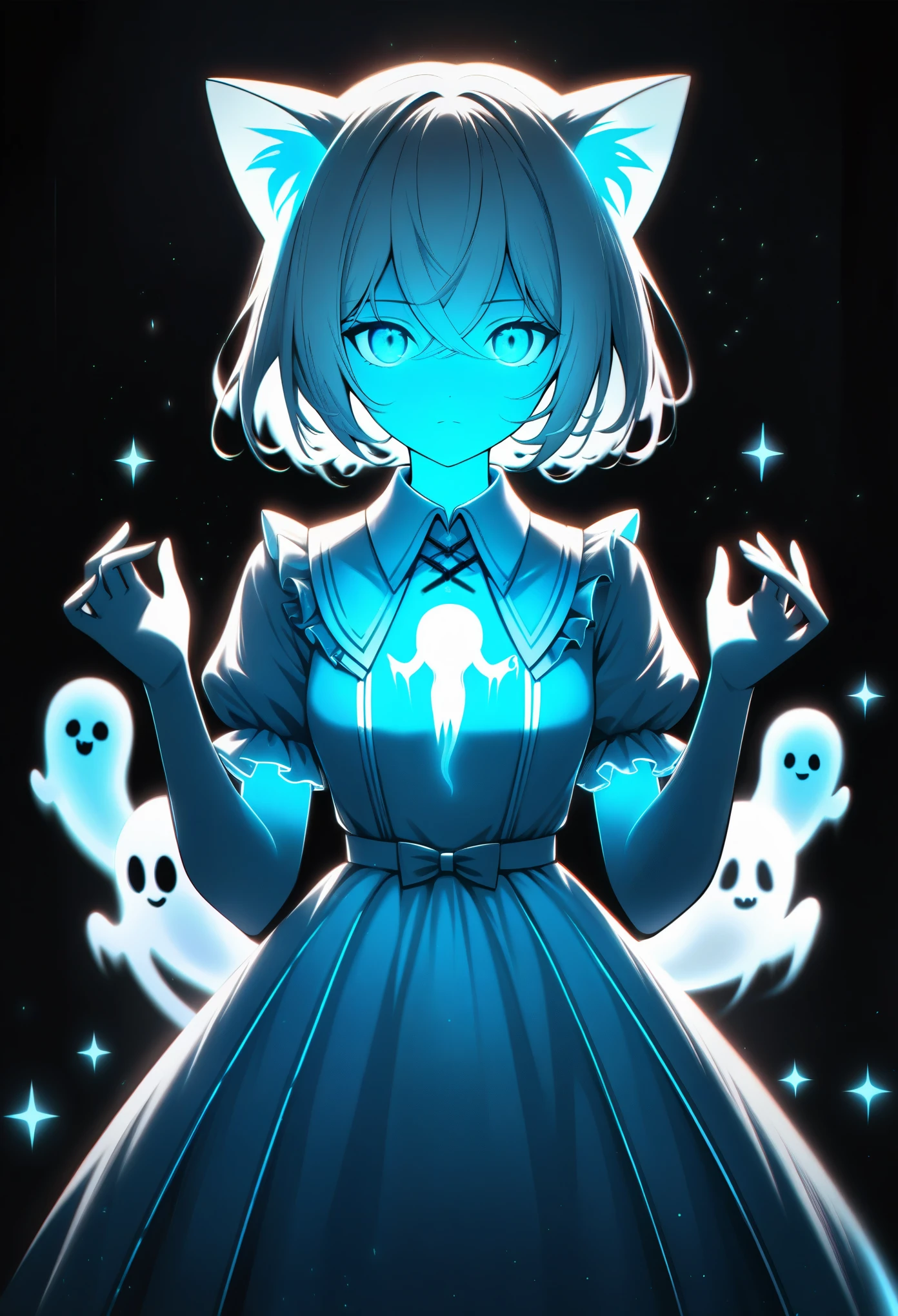 1girl, solo, holding, dress, animal ears, looking at viewer, balloon, cat ears, holding balloon, short hair, hair between eyes, short sleeves, blue eyes, white hair, closed mouth, black background, breasts, white dress, straight-on, collared dress, expressionless, frills, crossed bangs, backlighting, medium breasts, hands up, hologrpahic, luminecent, (ultrahigh quality, ghostly, ultra detailed, spooky, luminous, ethereal), white glow:1.5, ((white aura, glowing transparent body, dynamic lighting, ghost light, ghost light))