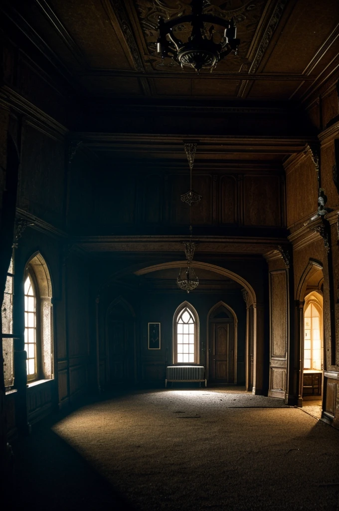 Disorganized main room of a haunted castle at night