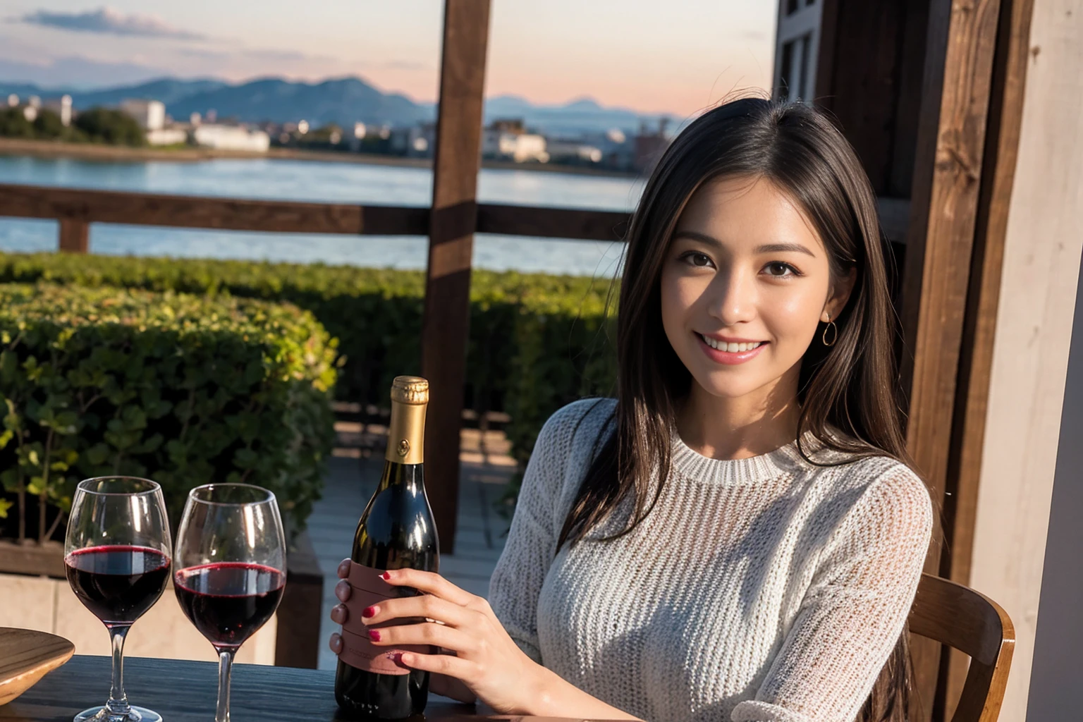 ((Highest quality、、masterpiece:1.3))、1 male、1 female,37 years old 39 years old、Slim Beauty、Beautiful couple、Upper Body、smile、 (Slim face), (the body is スリム), (Brown Hair), (Shortcuts), テーブルのフルコースディナーとwine glass、Amazing view of the sunset sky and clouds、smileの美しさ、Wine bottle、sparkling wine、Long sleeve shirt、dress、White wine, red wine, wine glass, Beautiful fine grain, Depth f/2,saturation, High Contrast, Strong light and shadow,Moist Body:1.5、3D texture、The hair is very shiny、