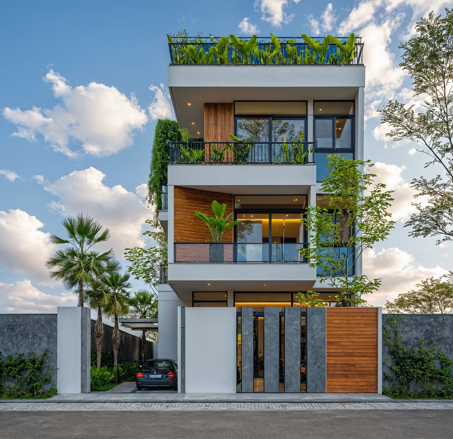 Masterpiece, high quality, best quality, authentic, super detail, outdoors, onestoreyvillaXL, aiaigroup, house style modern on the street ,stairs, white wall ,road,pavement, grass, trees, sky, cloud, (daylight:1.1)
