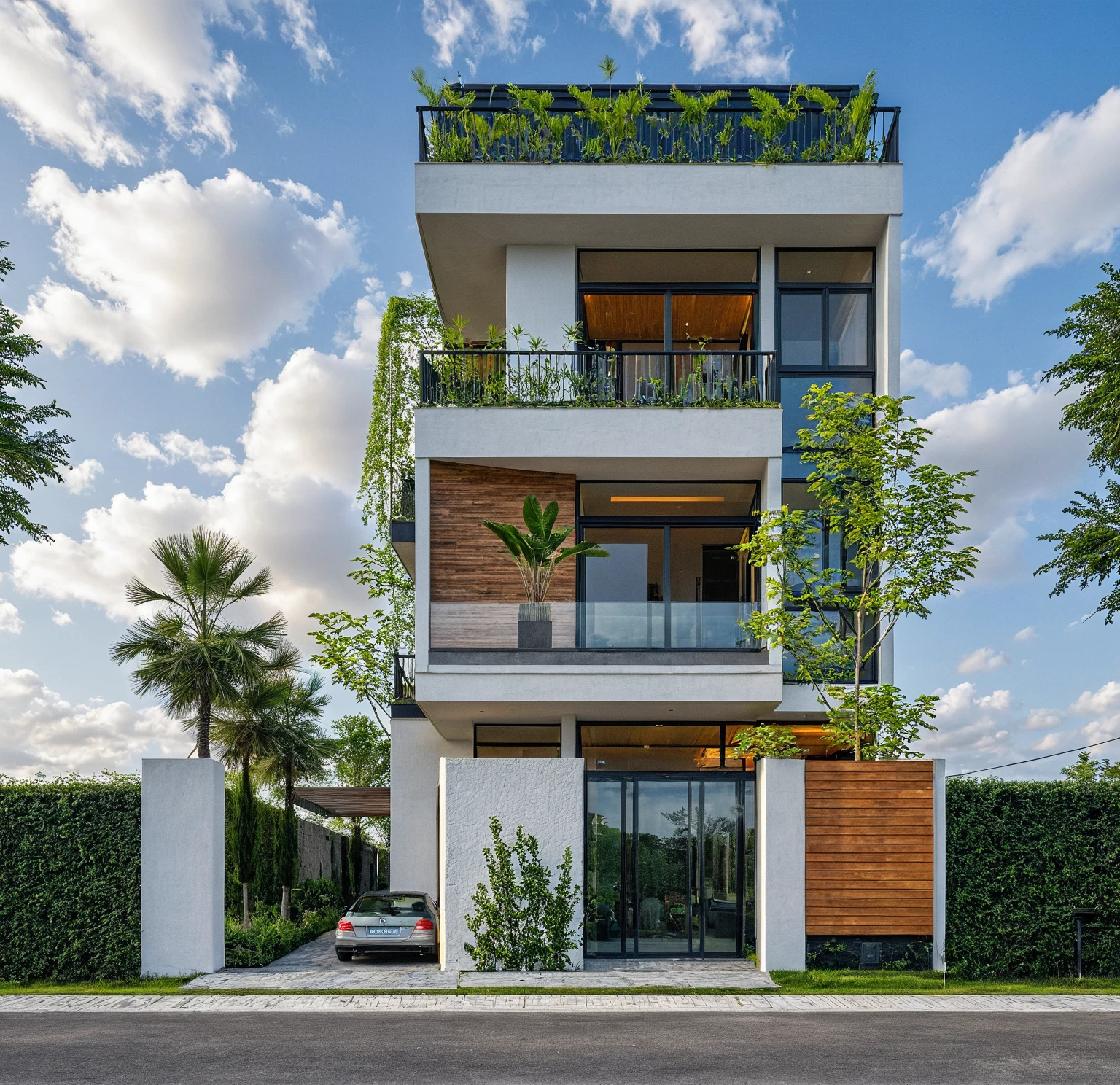 Masterpiece, high quality, best quality, authentic, super detail, outdoors, onestoreyvillaXL, aiaigroup, house style modern on the street ,stairs, white wall ,road,pavement, grass, trees, sky, cloud, (daylight:1.1)
