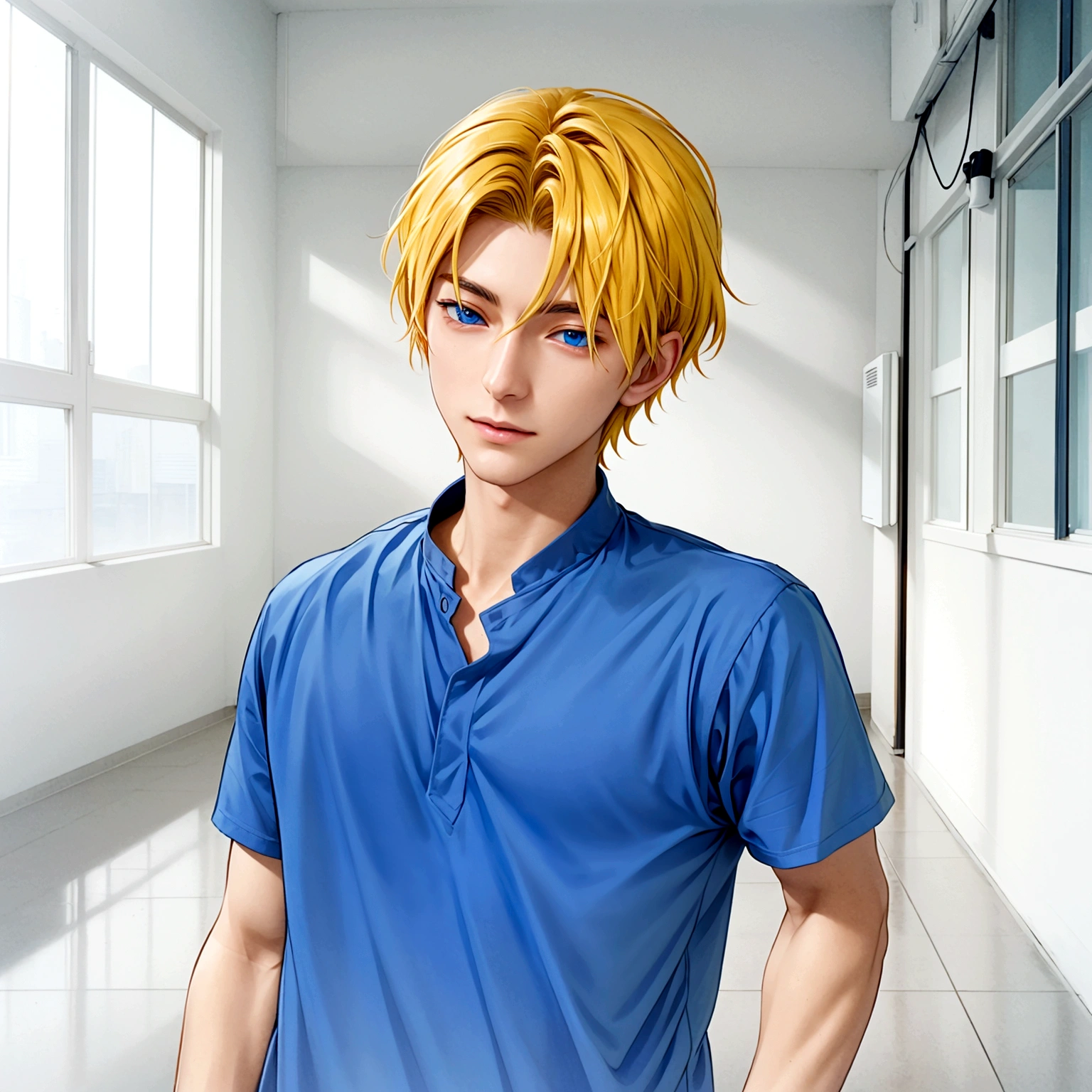 Golden hair color、Anime boy in a blue shirt standing in a corridor with windows, Tall anime guy with blue eyes, inspired by Sadamichi Hirasawa, inspired by Itō Ogura Yonesuke, Inspired by Gigado Ashiyuki, Inspired by Hisui Sugiura, Male Anime Characters, inspired by Kitao Shigemasa, main character, In games