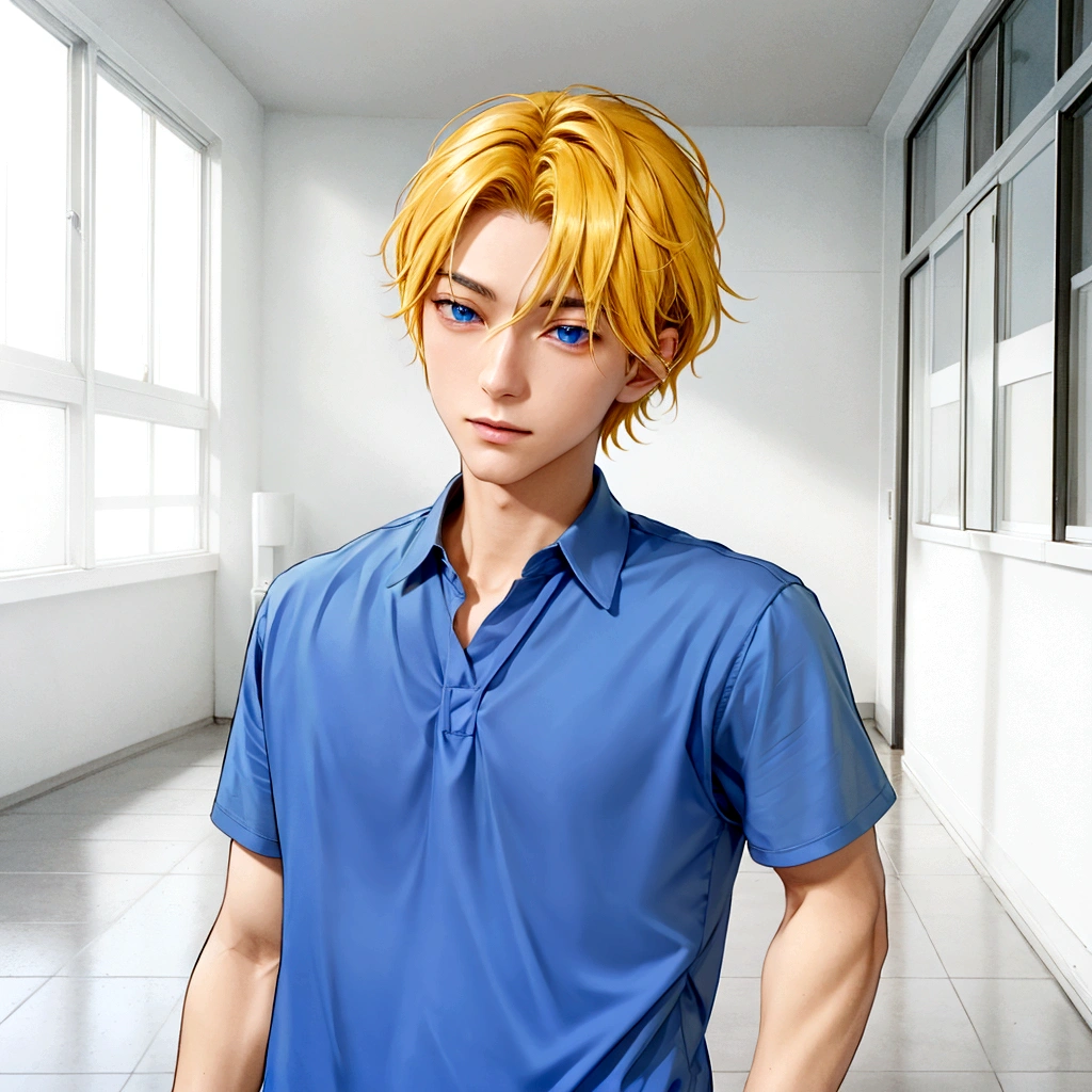 Golden hair color、Anime boy in a blue shirt standing in a corridor with windows, Tall anime guy with blue eyes, inspired by Sadamichi Hirasawa, inspired by Itō Ogura Yonesuke, Inspired by Gigado Ashiyuki, Inspired by Hisui Sugiura, Male Anime Characters, inspired by Kitao Shigemasa, main character, In games