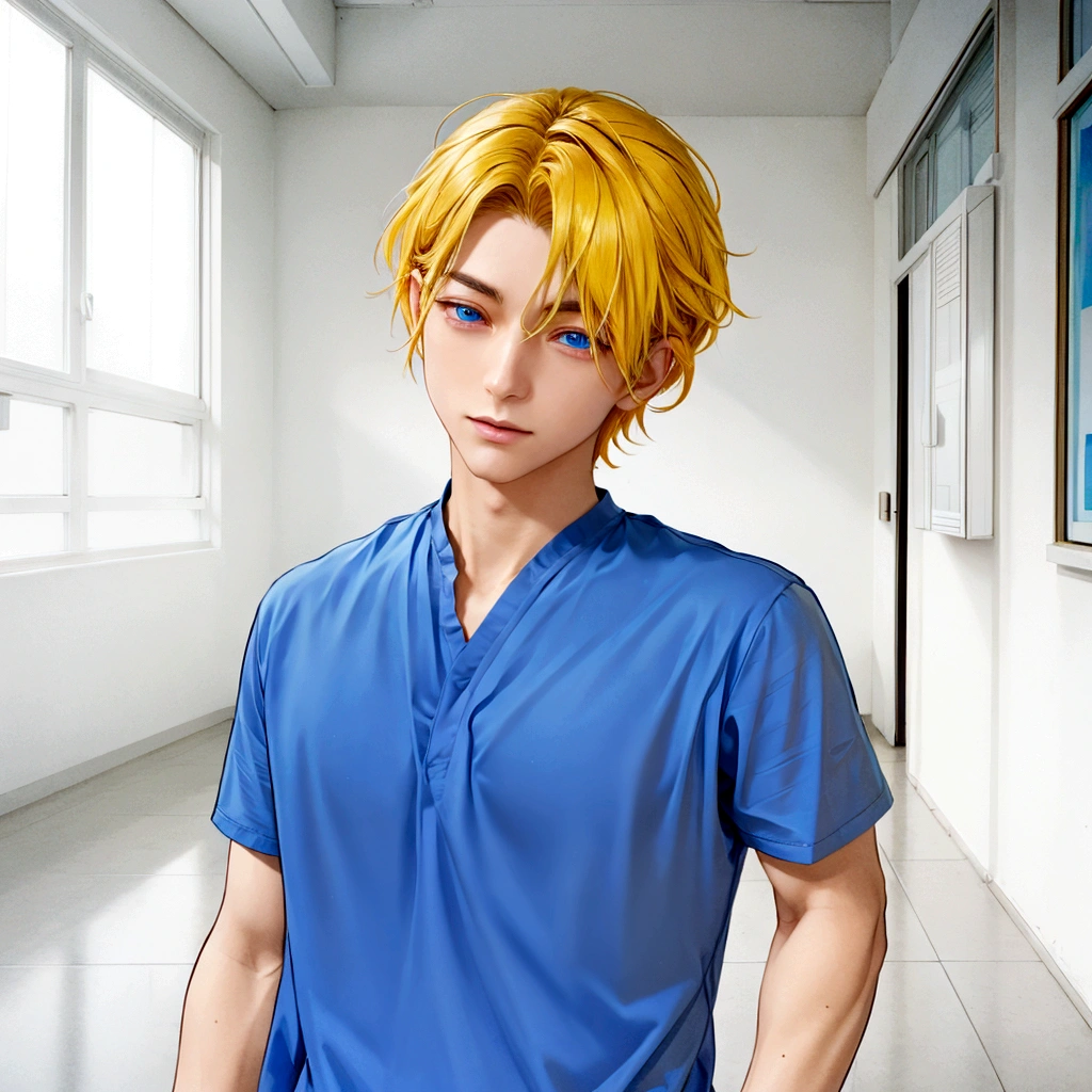 Golden hair color、Anime boy in a blue shirt standing in a corridor with windows, Tall anime guy with blue eyes, inspired by Sadamichi Hirasawa, inspired by Itō Ogura Yonesuke, Inspired by Gigado Ashiyuki, Inspired by Hisui Sugiura, Male Anime Characters, inspired by Kitao Shigemasa, main character, In games