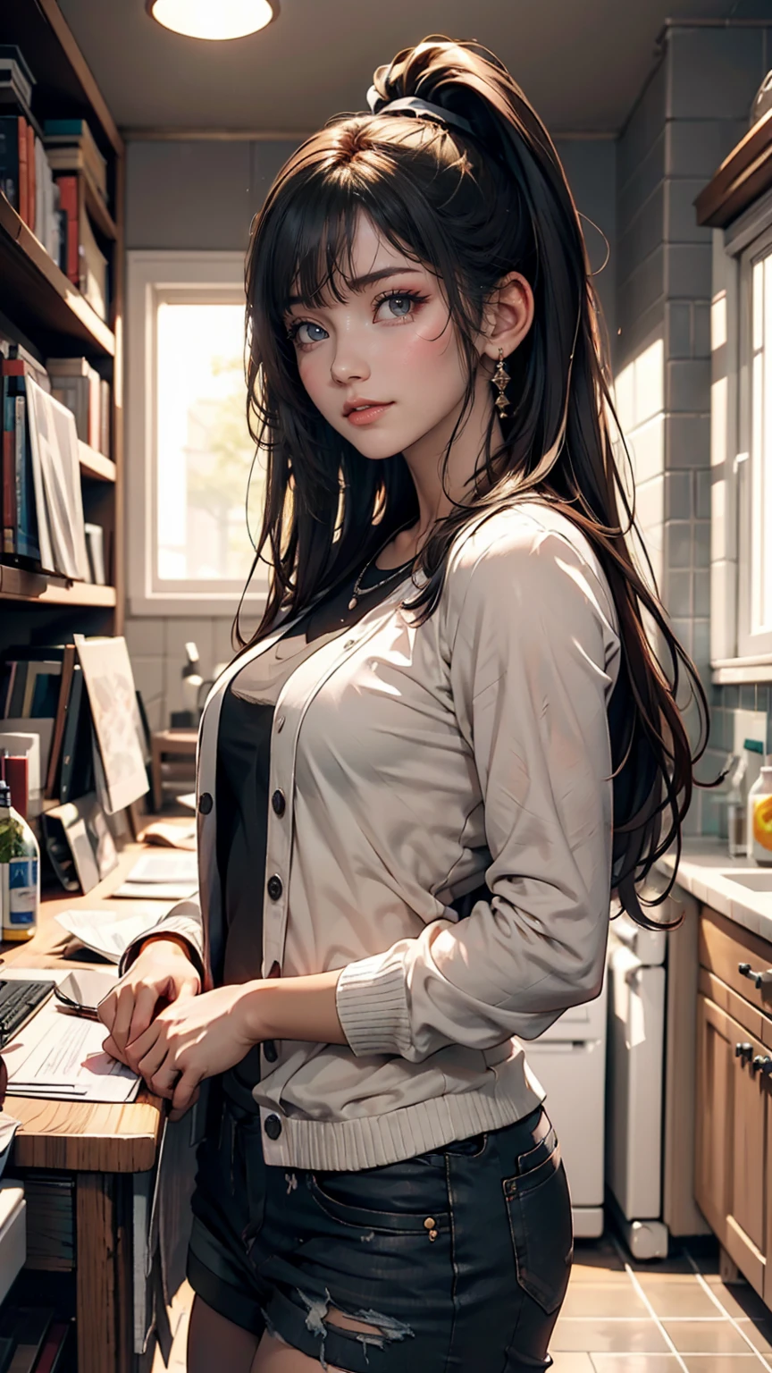 Girl's sloppy appearance, dark hair in a ponytail, mixed race, fire, Black T-shirt, inflammation, elegant, Digital Painting, Concept Art, Sharp focus, figure