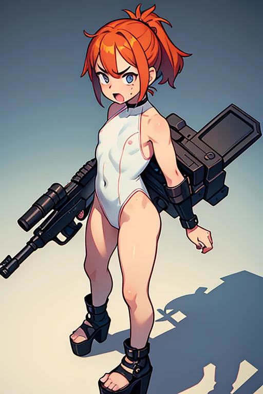 Ten_years_old girl nude, naked, freckled skin, body freckles, fighting, angry scream, gun, fullbody, platform heels, fullbody, high cut leotard,