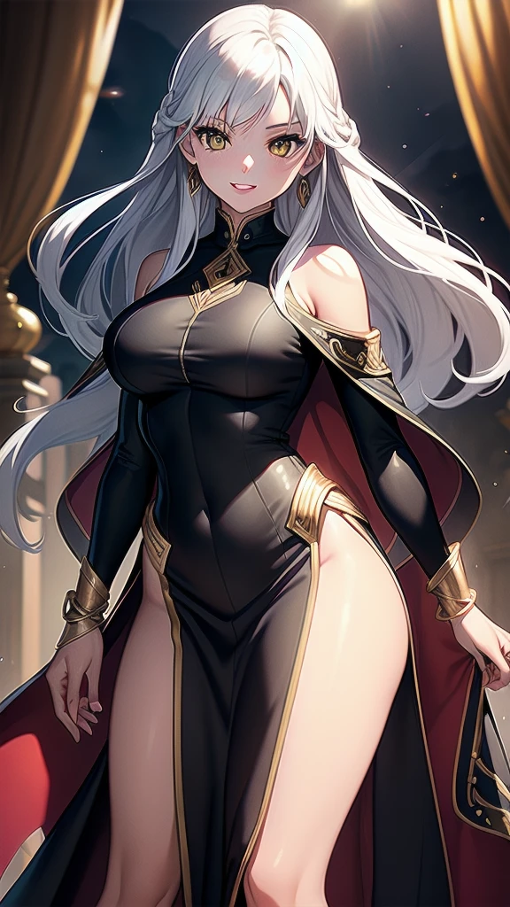 masterpiece, best quality, 1 solo girl, silver hair, yellow eyes, long hair, medium breasts, sexy body and face, wavy hair, smile, parted lips, circlet, jewelry, bare shoulders, earrings, bridal gauntlets, sleeveless, black dress, bracelet, side slit, gold trim, red fur-trimmed cape, pelvic curtain, sleeveless dress, black footwear, turtleneck, long sleeves, castle, intdoors, sexy pose, cowboy shots, detailed body, face, and eyes, sharp focus, vibrant, creative, dynamic, high definition, high resolution, 8k, (Upscale: R-ESRGAN 4x+ Anime6mage enchance:4x), voluptuous body, cinema lightning, dakimakura style, looking at the viewer,