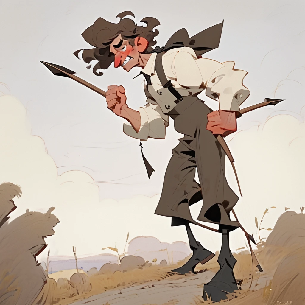 1boy, Old West, Oil paint, black and white, cartoon style, Brown wavy hair, big hair, strong Body, white dress shirt with, black suspender, faded black pants patched, Beret, thin big mustache, cheek spot, Arrogant, young, Muscular, full body, Holding a bow and arrow, Farm