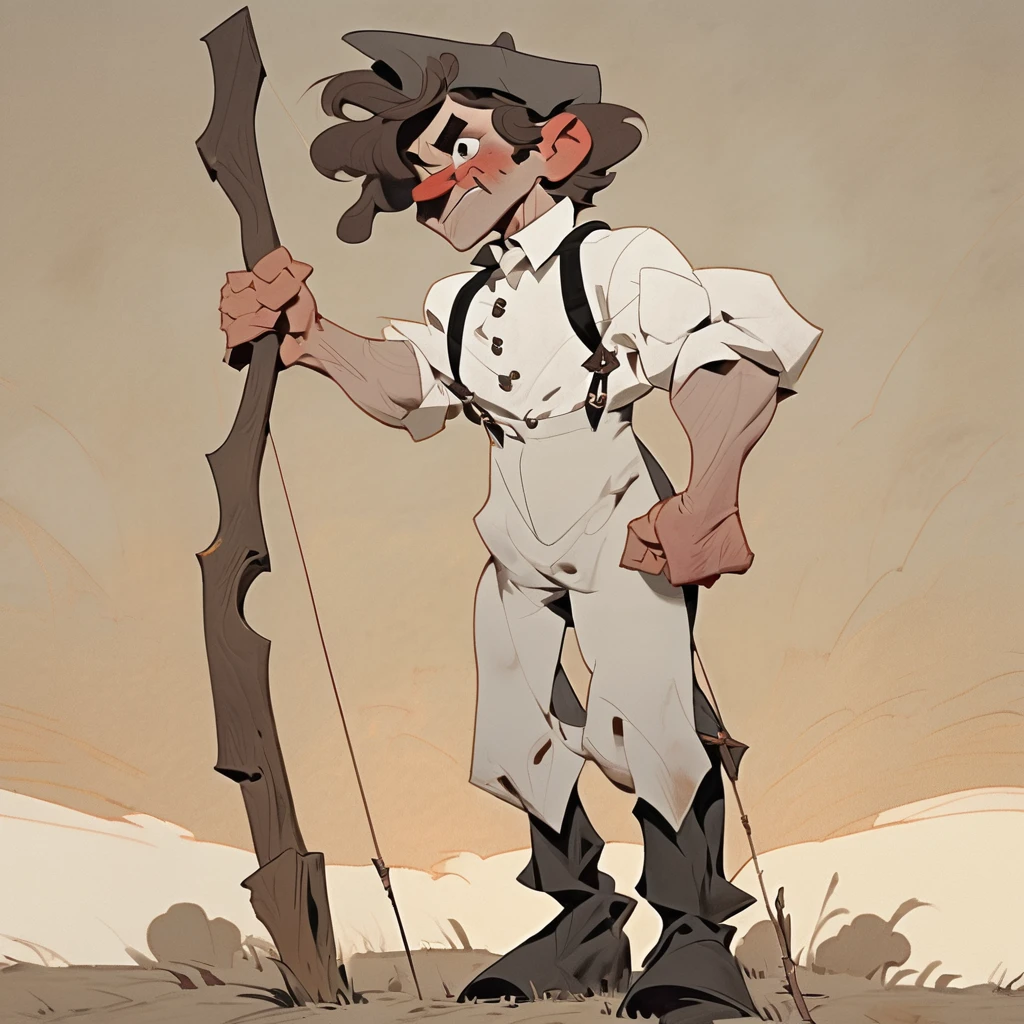 1boy, Old West, Oil paint, black and white, cartoon style, Brown wavy hair, big hair, strong Body, white dress shirt with, black suspender, faded black pants patched, Beret, thin big mustache, cheek spot, Arrogant, young, Muscular, full body, Holding a bow and arrow, Farm
