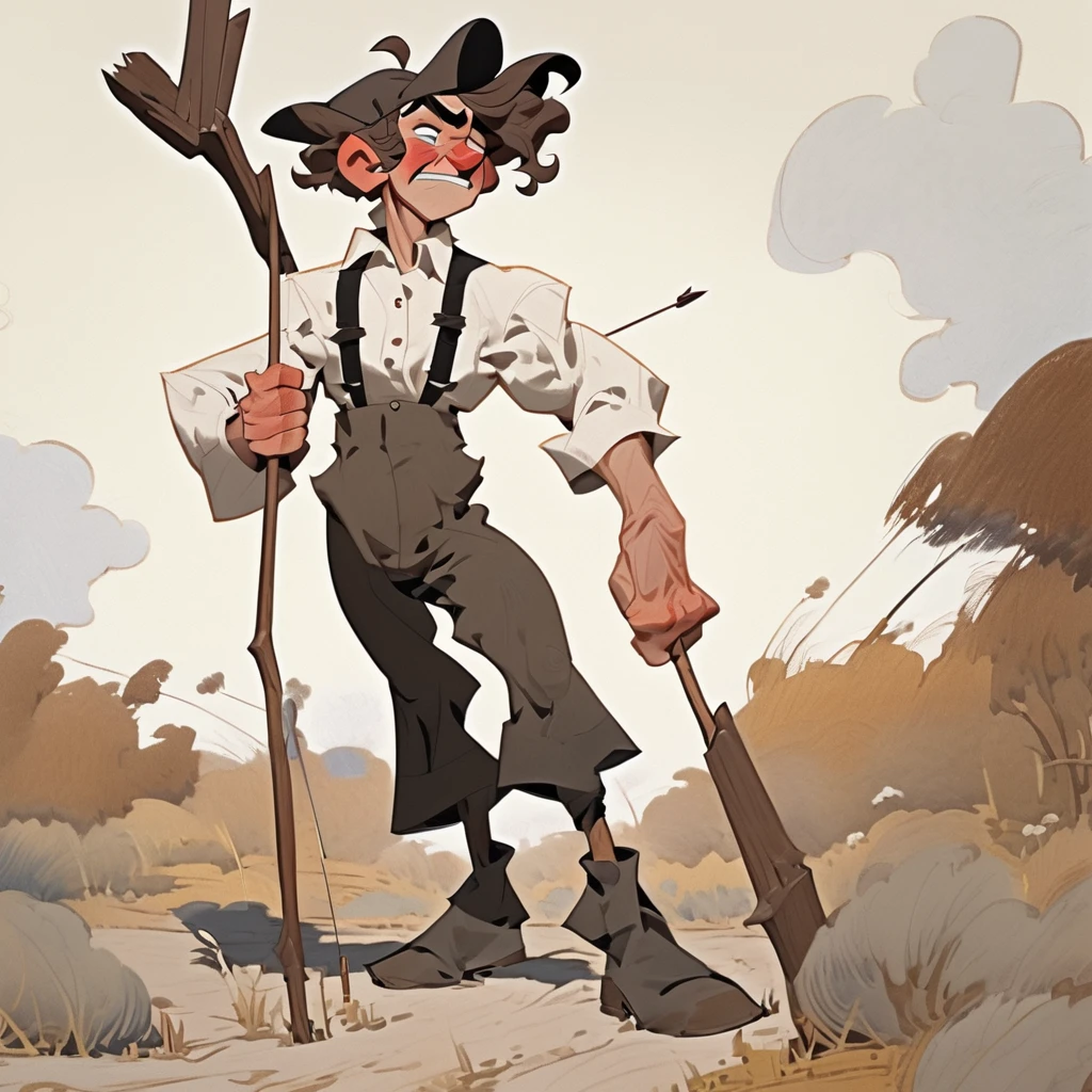 1boy, Old West, Oil paint, black and white, cartoon style, Brown wavy hair, big hair, strong Body, white dress shirt with, black suspender, faded black pants patched, Beret, thin big mustache, cheek spot, Arrogant, young, Muscular, full body, Holding a bow and arrow, Farm 