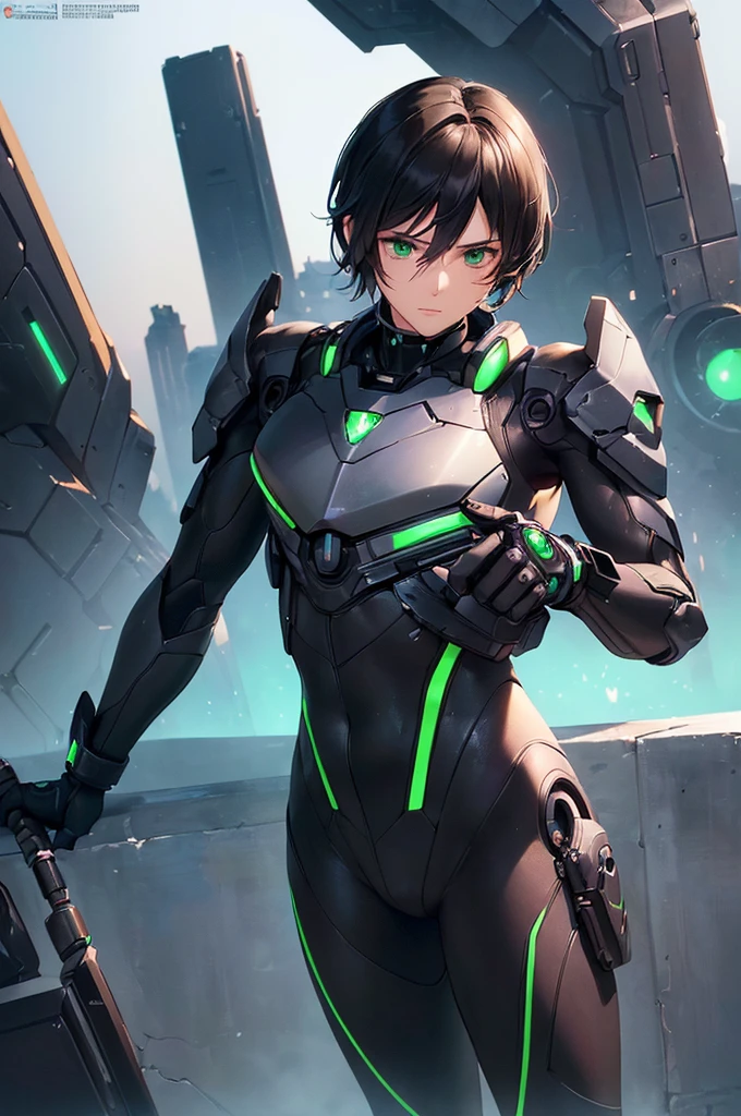 (masterpiece; best quality: 1.2), (finely detailed eyes: 1.3), ((25 year old man)), ((solo)), (green eyes: 1.4), (body; lean, fit, masculine: 1.3), (short black hair: 1.3), (beautiful and clear background: 1.2), ((depth of field)), (equipment: black mech pilot bodysuit + black gloves + futuristic pistol: 1.3), (anime illustration: 1.2), (background composition; white mech hangar: 1.1), (extremely fine and handsome: 1.1), (shot composition; standing + centered on torso + close-up: 1.5), (expression; calm, stoic: 1.2)