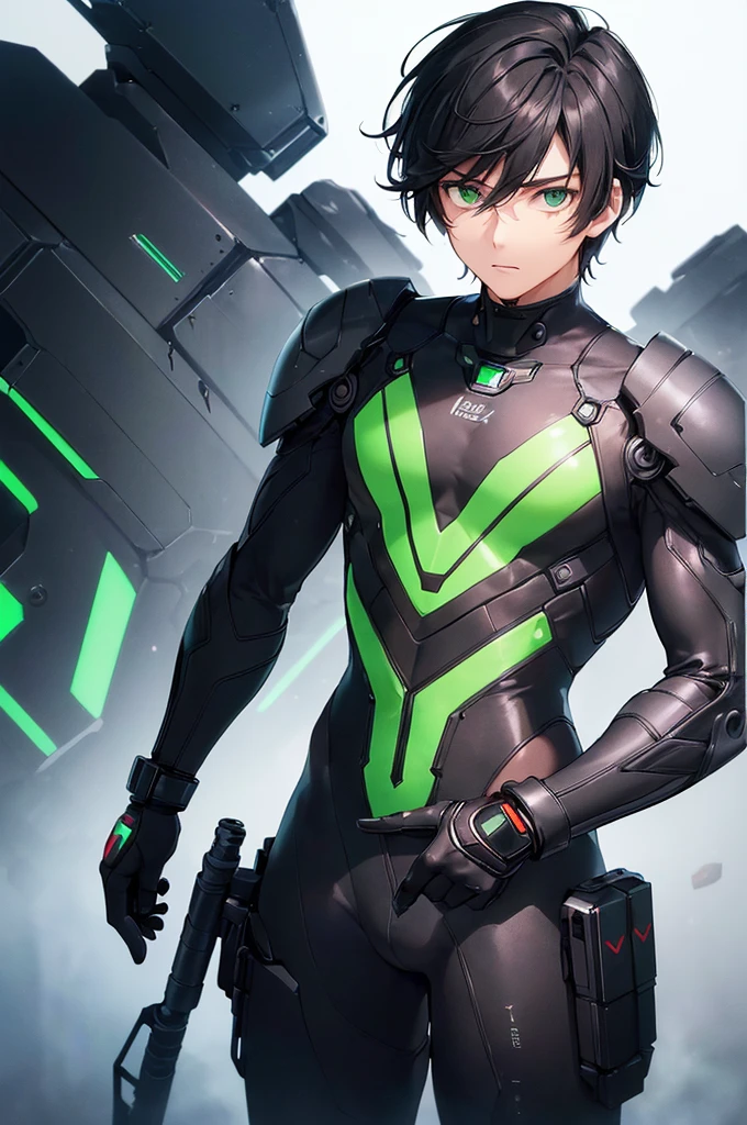 (masterpiece; best quality: 1.2), (finely detailed eyes: 1.3), ((25 year old man)), ((solo)), (green eyes: 1.4), (body; lean, fit, masculine: 1.3), (short black hair: 1.3), (beautiful and clear background: 1.2), ((depth of field)), (equipment: black mech pilot bodysuit + black gloves + futuristic pistol: 1.3), (anime illustration: 1.2), (background composition; white mech hangar: 1.1), (extremely fine and handsome: 1.1), (shot composition; standing + centered on torso + close-up: 1.5), (expression; calm, stoic: 1.2)