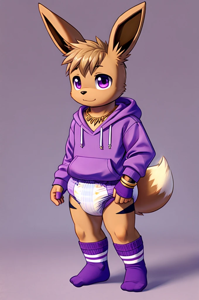 A dark purple eevee femboy wearing a sweatshirt and a blue and purple colored diaper and white socks with black stripes and a gold necklace on his neck and with bracelets on his arms
