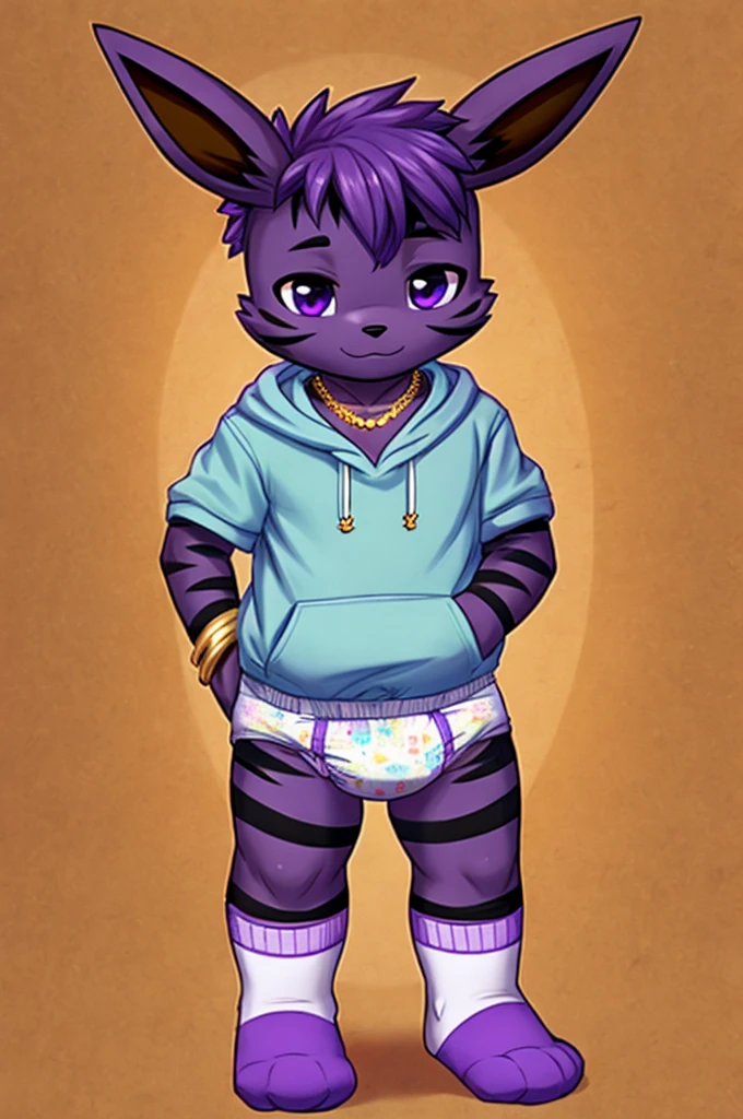 A dark purple eevee femboy wearing a sweatshirt and a blue and purple colored diaper and white socks with black stripes and a gold necklace on his neck and with bracelets on his arms