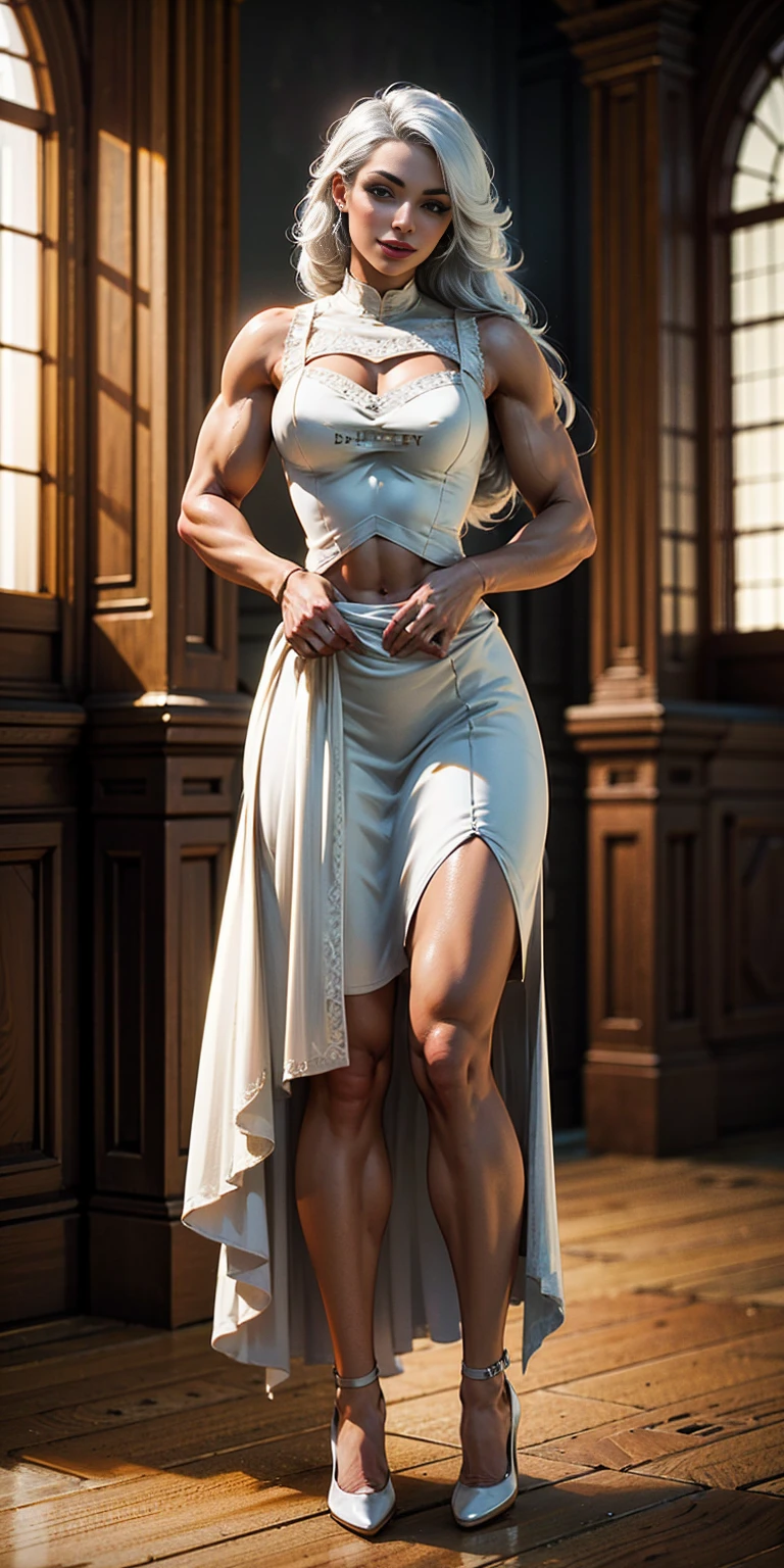(masterpiece, best quality), intricate details, 1girl, Bridesmaid Muscular full body woman White hair White braid Motherly body smile Porcelain skin Red heels with feet together Long hair Hands on waist Navel Strong abs Direct look Perfect lighting Masterpiece High quality