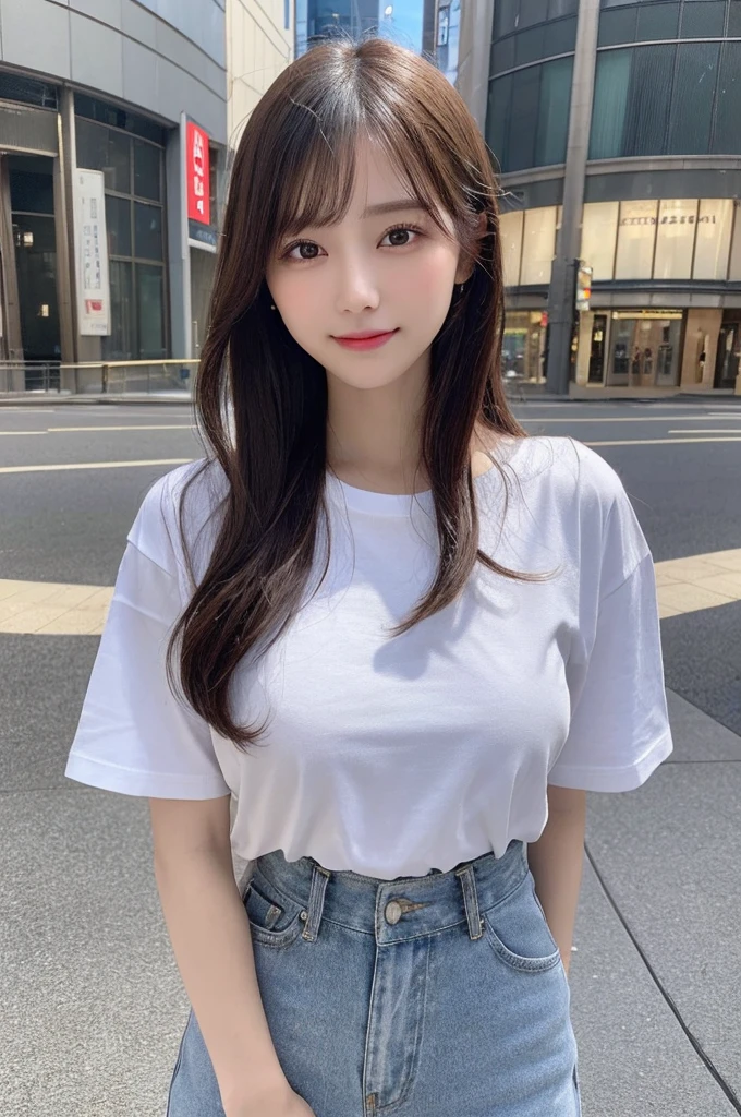 (8k, RAW photo, top quality, masterpiece: 1.2), (realistic, photorealistic: 1.37), three-dimensional, ultra detail, ultra high resolution, one girl, beholder, beautiful detailed face, smile, constriction, (slim waist): 1.3), beautiful detailed skin, skin texture, floating hair, professional lighting, Japanese beautiful girl, medium hair, beautiful hair, 20 years old, attractive breasts, huge breasts, full body from toes to head, standing, Shift gaze away, gaze into the distance, Sibuya city, slightly smiles, wide pants, loose T-shirts, T-shirt in pants