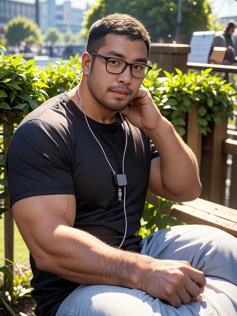 crew cut, (((full body))), (((landscape))), mature man, [slightly fat], asian man, rounded face, brown eyes, ((rounded face)), glasses, balding, 1boy, Solo, (big shoulders), (((stubbles, Short beard))), A cool guy listing to music through headphone on Saturn 