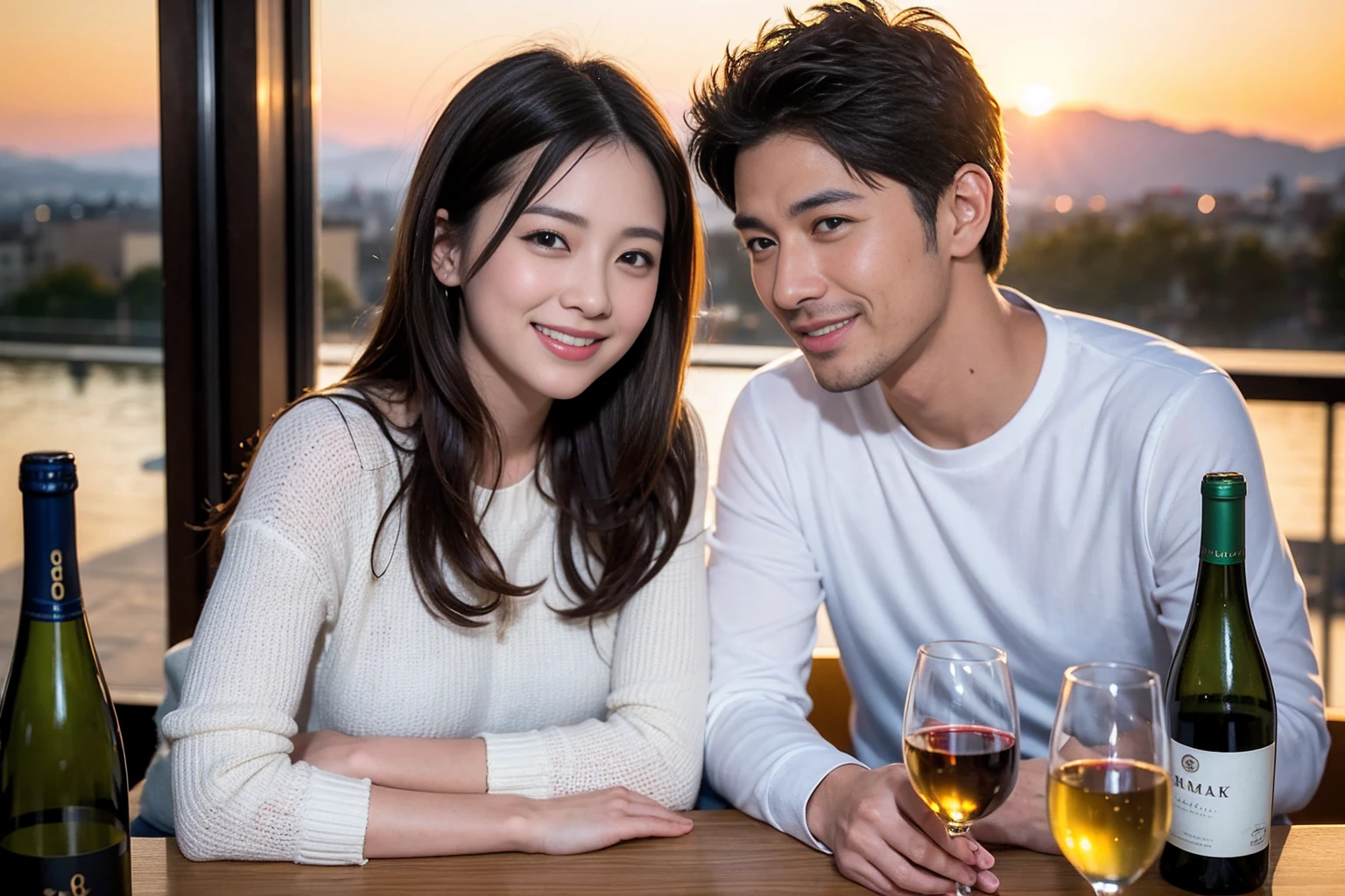 ((Highest quality、8K、masterpiece:1.3))、1 male 1 female,37 years old 39 years old、cute、Slim Beauty、Beautiful couple、Upper Body、smile、 (Slim face), (the body is スリム), (Brown Hair), (Shortcuts), テーブルのフルコースディナーとwine glass、Amazing view of the sunset sky and clouds、smileの美しさ、Wine bottle、sparkling wine、Long sleeve shirt、dress、White wine, red wine, wine glass, Beautiful fine grain, Depth f/2,saturation, High Contrast, Strong light and shadow,Moist Body:1.5、 texture、The hair is very shiny、