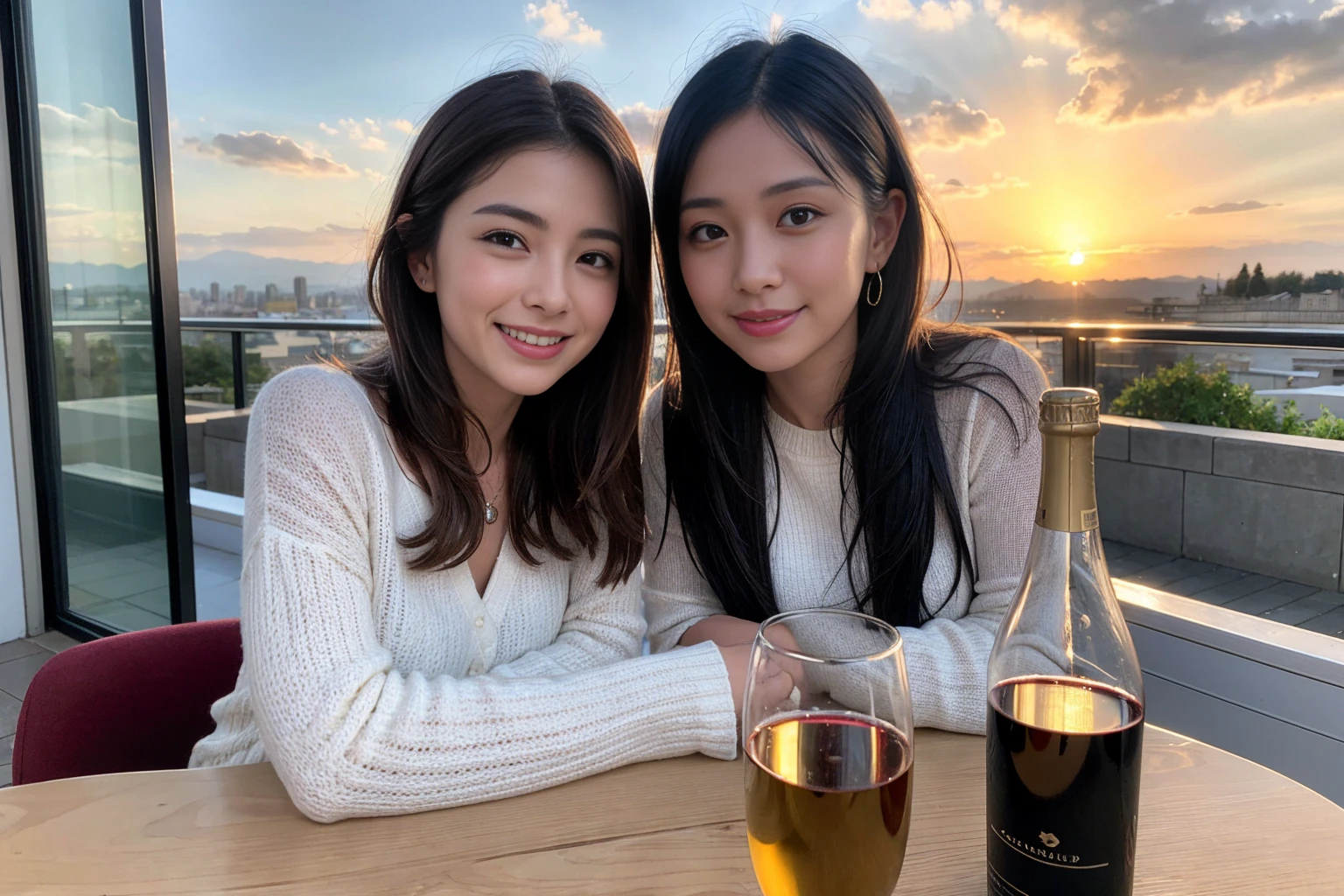 ((Highest quality、8K、masterpiece:1.3))、1 male 1 female,37 years old 39 years old、cute、Slim Beauty、Beautiful couple、Upper Body、smile、 (Slim face), (the body is スリム), (Brown Hair), (Shortcuts), テーブルのフルコースディナーとwine glass、Amazing view of the sunset sky and clouds、smileの美しさ、Wine bottle、sparkling wine、Long sleeve shirt、dress、White wine, red wine, wine glass, Beautiful fine grain, Depth f/2,saturation, High Contrast, Strong light and shadow,Moist Body:1.5、 texture、The hair is very shiny、
