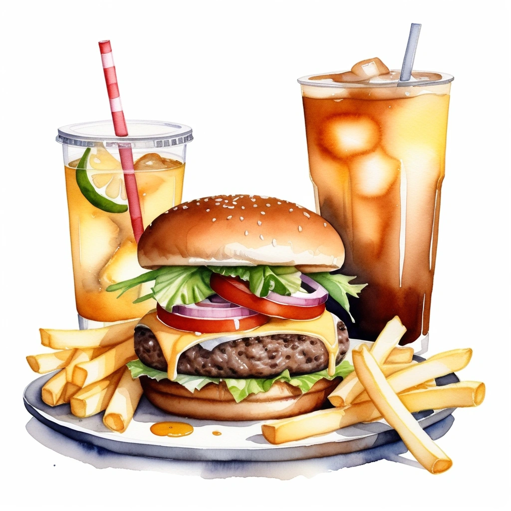 there is big and tall delicious hamburger with cheese, a lot of french fries, and a glass of ice lemon tea, (watercolor), illustration, isolated with solid white background, surrounded with negative space, centered compositon, 8k, highly detailed painting, very precise painting