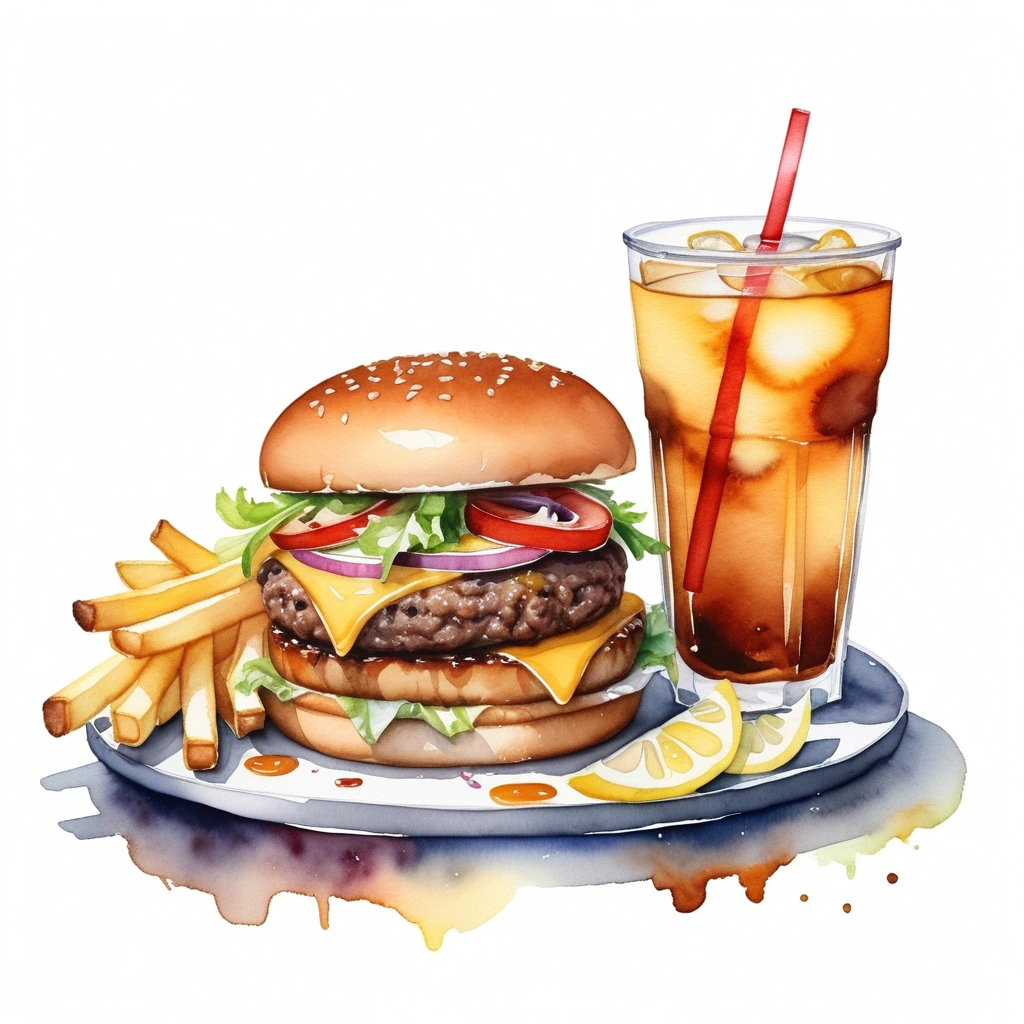 there is big and tall delicious hamburger with cheese, a lot of french fries, and a glass of ice lemon tea, (watercolor), illustration, isolated with solid white background, surrounded with negative space, centered compositon, 8k, highly detailed painting, very precise painting
