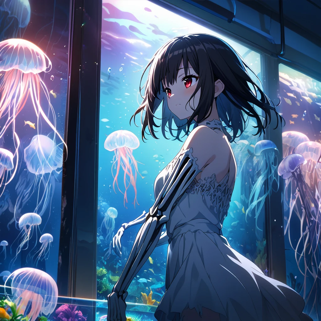 1girl、Black Hair、Red eyes、Skeleton Body、Opaque Dress、Blue jellyfish、aquarium、deep faint light 、 detailed CG、high resolution