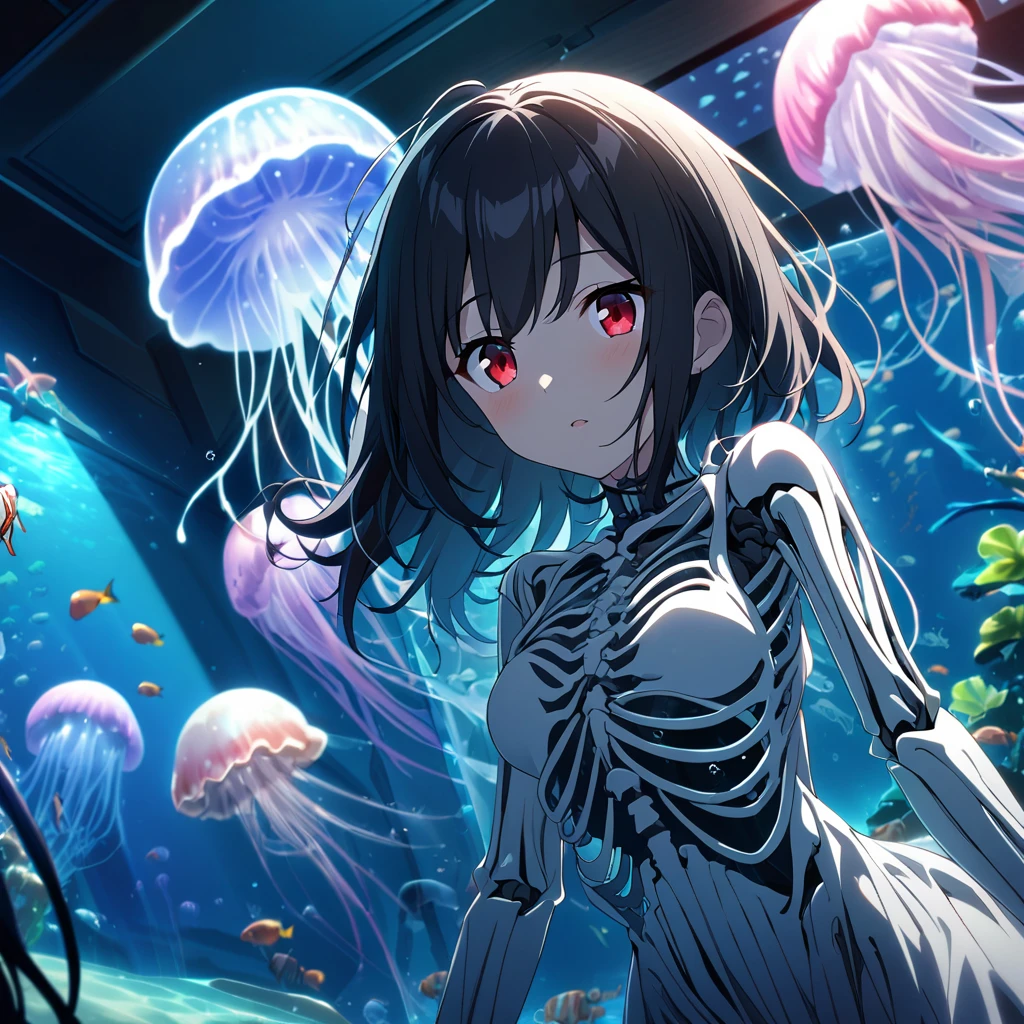 1girl、Black Hair、Red eyes、Skeleton Body、Opaque Dress、Blue jellyfish、aquarium、deep faint light 、 detailed CG、high resolution
