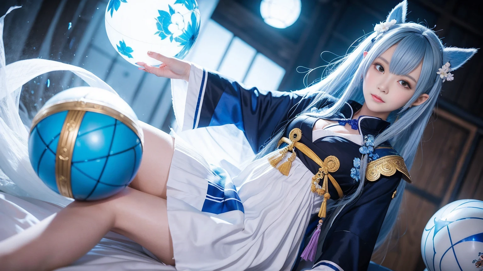 Anime girl wearing a blue and white dress holding a blue ball, onmyoji, The Detailed Art of the Onmyoji, onmyoji portrait, White-haired God, keqing from Genshin Impact impact, Genshin Impact, From Arknights, zhongli from Genshin Impact impact, Haise Jinyao, by Shimo, long, Jan J, Yunling