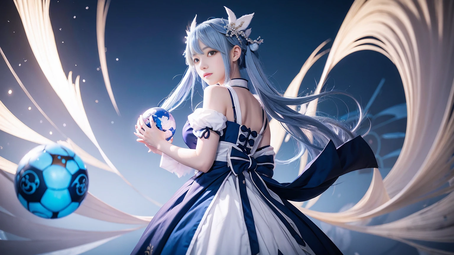 Anime girl wearing a blue and white dress holding a blue ball, onmyoji, The Detailed Art of the Onmyoji, onmyoji portrait, White-haired God, keqing from Genshin Impact impact, Genshin Impact, From Arknights, zhongli from Genshin Impact impact, Haise Jinyao, by Shimo, long, Jan J, Yunling