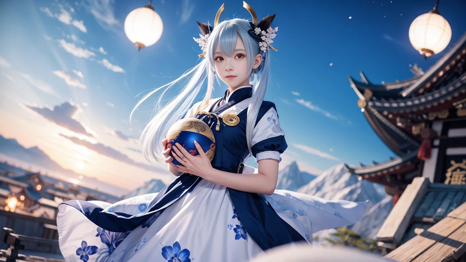 Anime girl wearing a blue and white dress holding a blue ball, onmyoji, The Detailed Art of the Onmyoji, onmyoji portrait, White-haired God, keqing from Genshin Impact impact, Genshin Impact, From Arknights, zhongli from Genshin Impact impact, Haise Jinyao, by Shimo, long, Jan J, Yunling