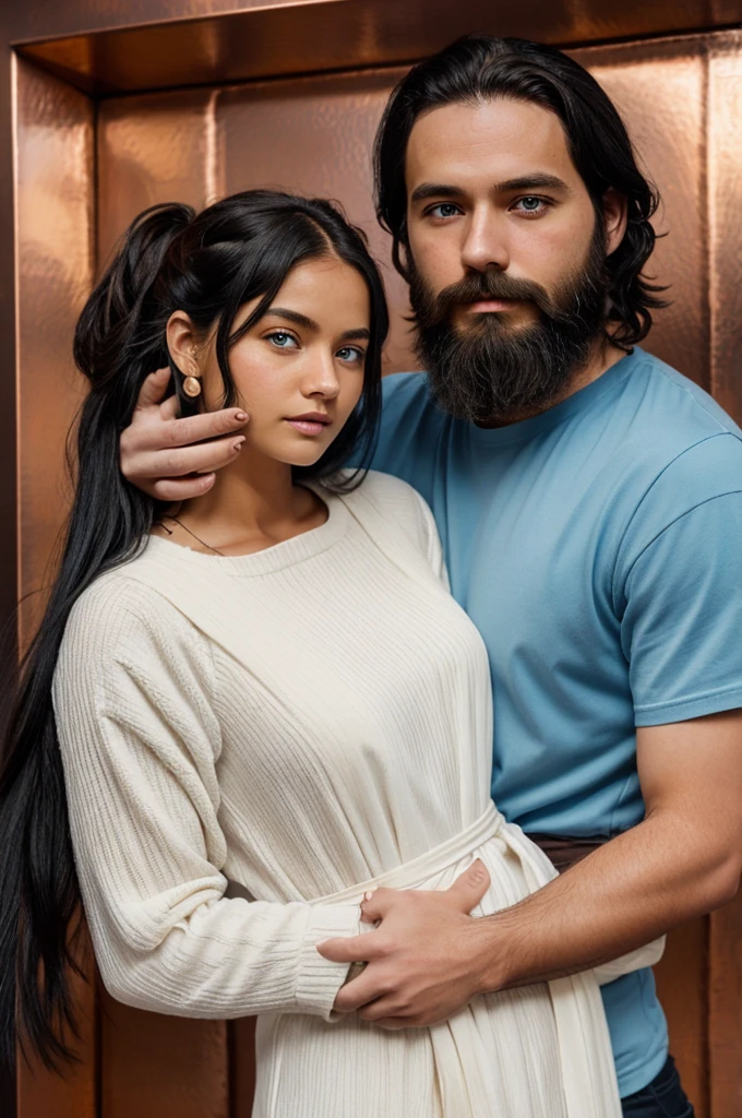 Chica White skin, blue-eyed, long slightly wavy black hair, being held by the waist by a twenty-eight year old man, White skin, copper-colored hair in a bookcut style and has a little copper-colored beard